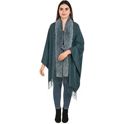 manra Women's Solid Faux Fur Border Stole, Shawl Warm Wrap Cape for Winters (Rama Green)-picture-18