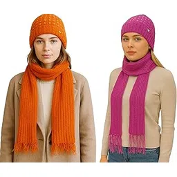 manra Women’s Winter Woolen Cap with Attached Muffler Combo Pack of 2 | Soft Fur Lined Knitted Warm Hat with Scarf | Stylish Garam Topi for Girls & Women-picture-21