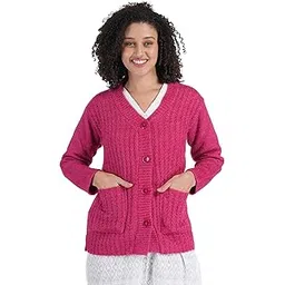 manra Women's Woolen V-Neck Buttoned Full Sleeve Cardigan Self Design Soft Wool Fabric Winter Wear Pure Wool Sweater Fully Warm with Front Pockets Stylish Outdoor and Office Wear Sweater (Hot Magenta)-picture-49