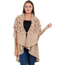 MANRA Women V-Neck Woolen Fur Ball Solid Poncho Shrug for winter (SC 81)-picture-26