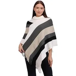 MANRA Women's Casual High Neck Striped Woolen Poncho for Winter (SC 09 HIGH NECK/WHITE/XXL)-picture-27