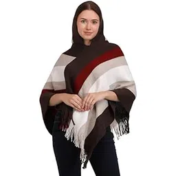 MANRA Women's Casual Hooded Cape Striped Woolen Poncho for Winter (SC 09 CAP/BROWN-WHITE/XXL)-picture-26