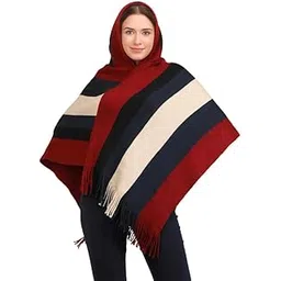 MANRA Women's Casual Hooded Cape Striped Woolen Poncho for Winter (SC 09 Cap/Maroon/Free)-picture-36