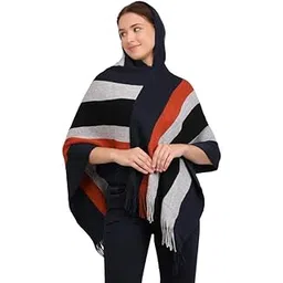 MANRA Women's Casual Hooded Cape Striped Woolen Poncho for Winter (SC 09 CAP/ORANGE-BLUE/FREE)-picture-37