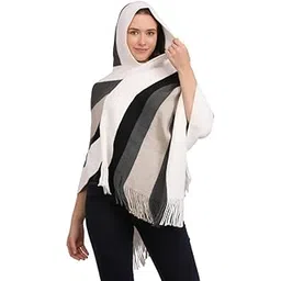MANRA Women's Casual Hooded Cape Striped Woolen Poncho for Winter (SC 09 Cap/White/M)-picture-31