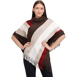 MANRA Women’s Elegant Knitted Poncho Top with Stripe Patterns and Fringed Sides for Winter (SC 09) (FREE, BROWN-WHITE-FAWM)-picture-17