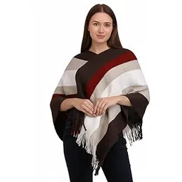 MANRA Women’s Elegant Knitted Poncho Top with Stripe Patterns and Fringed Sides for Winter (SC 09) (Free Size, Brown-White)-picture-41