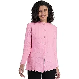 manra Women’s Woolen Round Neck Solid Cardigan – Cozy Winter Sweater with Side Pockets, Soft and Stylish Plain Self Design Knit for Everyday Wear (Baby Pink) image 1