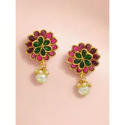 MANSIYAORANGE Gold-Plated Artificial Stones Studded & Beaded Floral Shaped Drop Earrings-picture-13