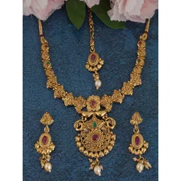 MANSIYAORANGE Kempu Stone Mang Tikka Choker Necklace with Earring Set-picture-25