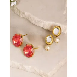 MANSIYAORANGE Set Of 2 Gold-Plated Crystals Studded Korean Oval Shaped Studs-picture-29