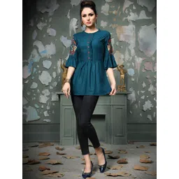 MANVAA Floral Embroidered Flared Sleeves Thread Work Thread Work Empire Kurti-picture-13