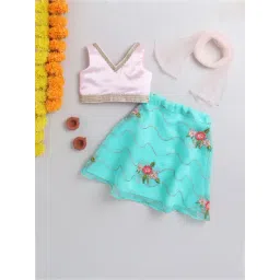 Many Frocks Kids Pink & Blue Embroidered Lehenga, Choli with Dupatta-picture-36