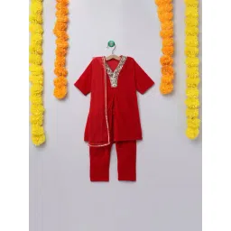 Many Frocks Kids Red Embellished Kurti with Pyjamas and Dupatta-picture-24