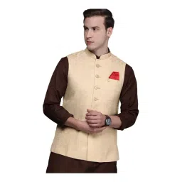 Manyavar Beige Regular Fit Self Pattern Nehru Jacket-picture-35