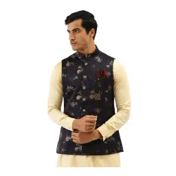 Manyavar Blue Floral Print Ethnic Waistcoat-picture-26