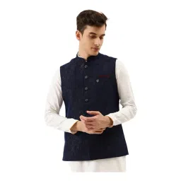 Manyavar Blue Regular Fit Self Pattern Nehru Jacket-picture-29