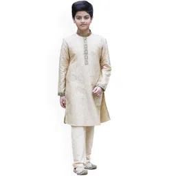 Manyavar Boys Beige Mandarin Collar Woven Design Kurta with Pyjamas-picture-55