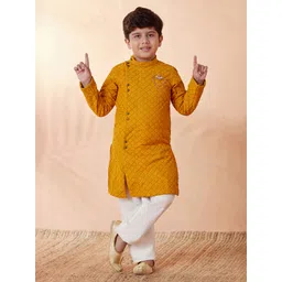 Manyavar Boys Mustard Yellow Embroidered Angrakha Thread Work Kurta with Pyjamas-picture-28