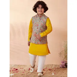 Manyavar Boys Mustard Yellow Floral Printed Kurta with Pyjamas & Nehru Jacket-picture-19