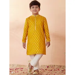 Manyavar Boys Mustard Yellow Printed Chanderi Silk Kurta with Pyjamas-picture-27