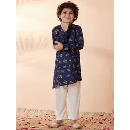Manyavar Boys Navy Blue Floral Printed Angrakha Kurta with Pyjamas-picture-49
