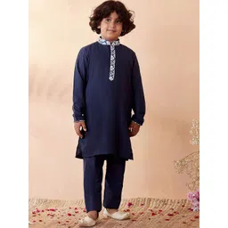 Manyavar Boys Navy Blue Printed Kurta with Pyjamas-picture-11