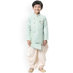 Manyavar Boys Turquoise Blue Angrakha Semi Indo Western Kurta with Patiala set-picture-33
