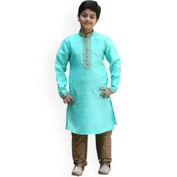 Manyavar Boys Turquoise Blue Yoke Design Kurta with Pyjamas-picture-46