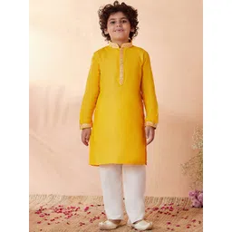 Manyavar Boys Yellow Solid Thread Work Kurta with Pyjamas-picture-13