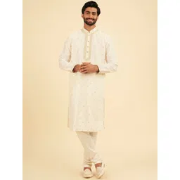 Manyavar Floral Embroidered Mandarin Collar Thread Work Straight Kurta With Churidar-picture-20