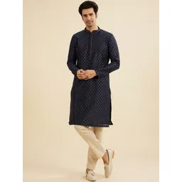 Manyavar Floral Woven Design Mandarin Collar Straight Kurta With Pyjamas-picture-16