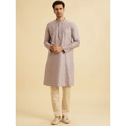 Manyavar Floral Woven Design Mandarin Collar Thread Work Straight Kurta With Pyjama-picture-18
