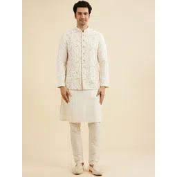 Manyavar Mandarin Collar Art Silk Straight Kurta And Pyjamas With Jacket-image-19