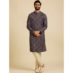 Manyavar Mandarin Collar Floral Printed Straight Kurta with Pyjama-image-11