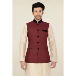 Manyavar Maroon Textured Ethnic Waistcoat-picture-39