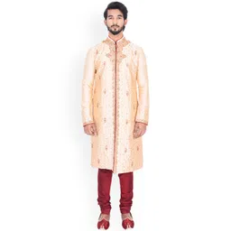 Manyavar Men Beige & Maroon Embroidered Kurta with Churidar-image-41