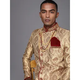 Manyavar Men Beige & Maroon Printed Sherwani and Churidar Set-image-18