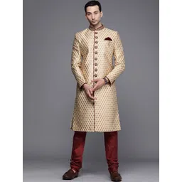 Manyavar Men Beige & Maroon Printed Zardozi Sherwani and Churidar Set-image-21