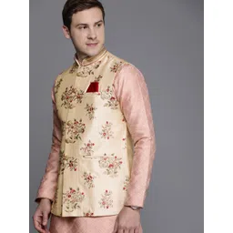 Manyavar Men Beige Art Silk Embroidered Nehru Jacket-image-25