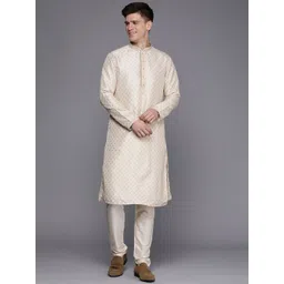 Manyavar Men Beige Art Silk Printed Kurta With Pyjamas-image-0
