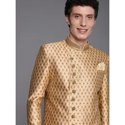 Manyavar Men Beige Art Silk Printed Sherwani and Churidar-image-2