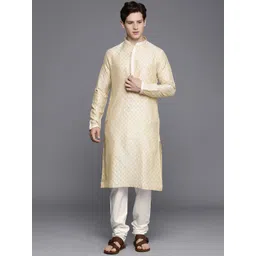Manyavar Men Beige Ethnic Motifs Regular Thread Work Art Silk Jacquard Kurta with Churidar-image-5