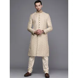 Manyavar Men Beige Floral Embroidered Sherwani and Churidar Set-image-16