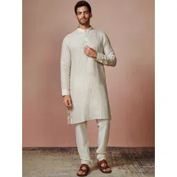 Manyavar Men Beige Striped Linen Kurta with Churidar-image-32