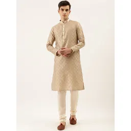 Manyavar Men Beige Woven Design Kurta with Churidar-image-30