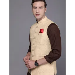 Manyavar Men Beige Woven Design Nehru Jacket with Pocket Square-image-26