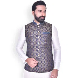 Manyavar Men Blue & Gold-Coloured Woven Design Nehru Jacket-picture-30