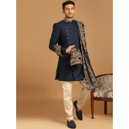 Manyavar Men Blue Self-Design Traditional Indo Western Sherwani Set-picture-40
