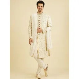 Manyavar Men Embroidered Mandarin Collar Sherwani Set with Dupatta-image-23